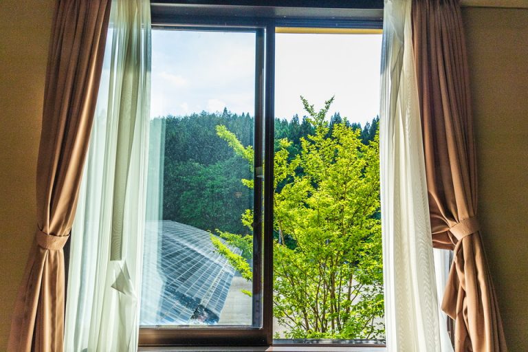 客室窓から外を見る。駐車場側のお部屋でした