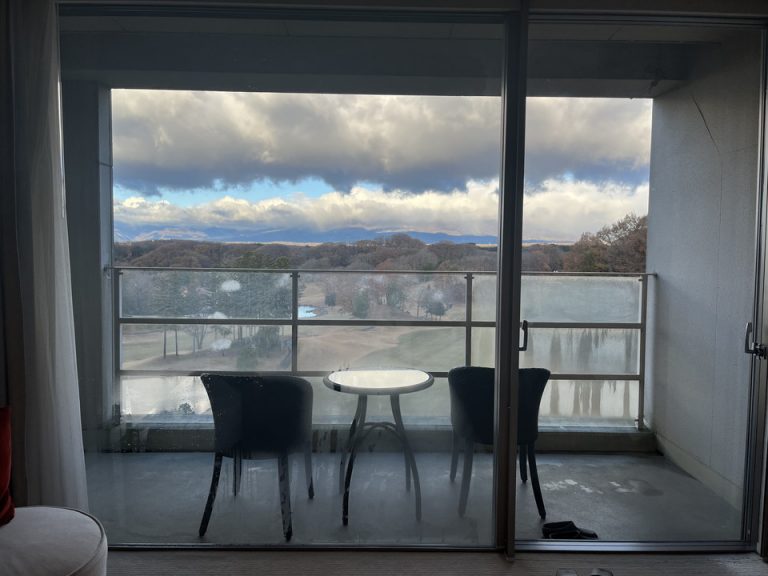 カーテンを開けた室内から外眺め