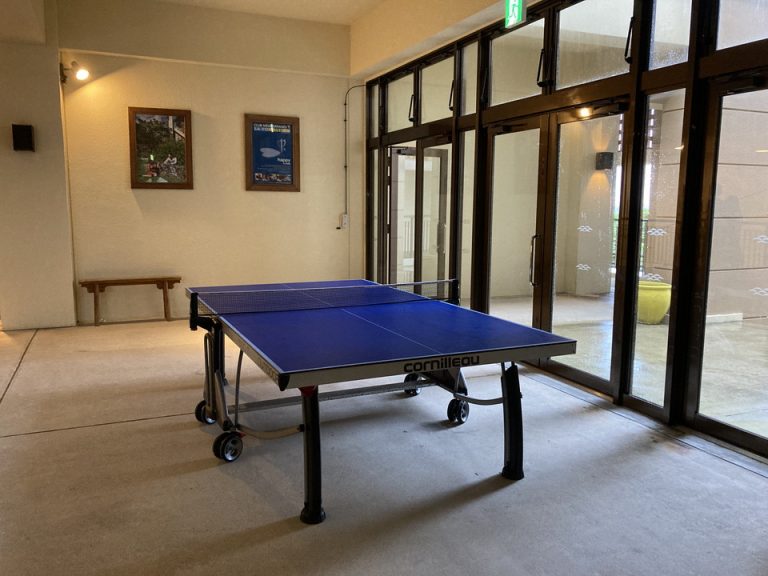卓球台は5台あり、天気が悪くても楽しめます
