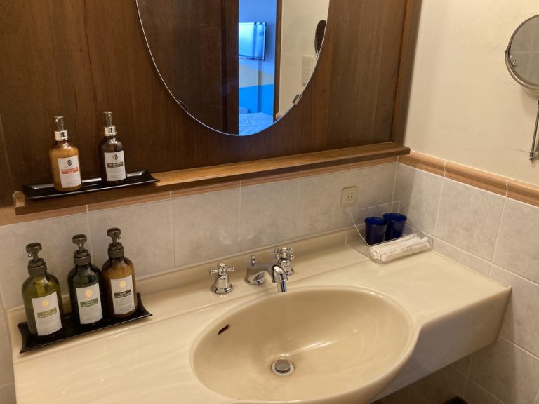 洗面台。備え付けアメニティはDHCのものでした