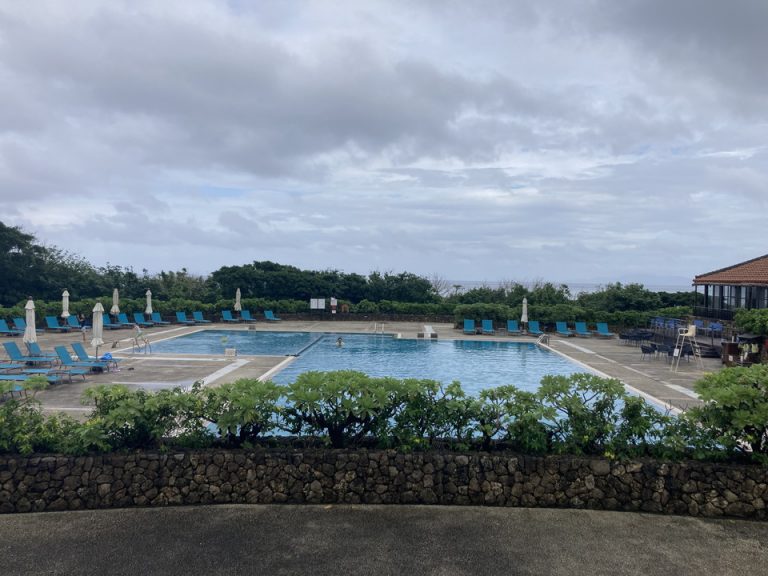 フロントから見たプール。海も見渡せます。