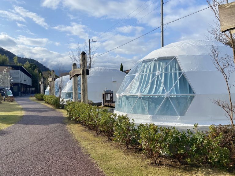 こちらの3棟が、3月に新しくできたオーバルドームテントです。通常のドームテントより一回り大きく広いお部屋です。