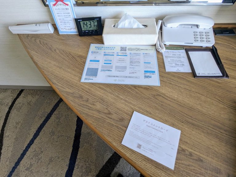 テーブルの上の時計、電話、メモ帳