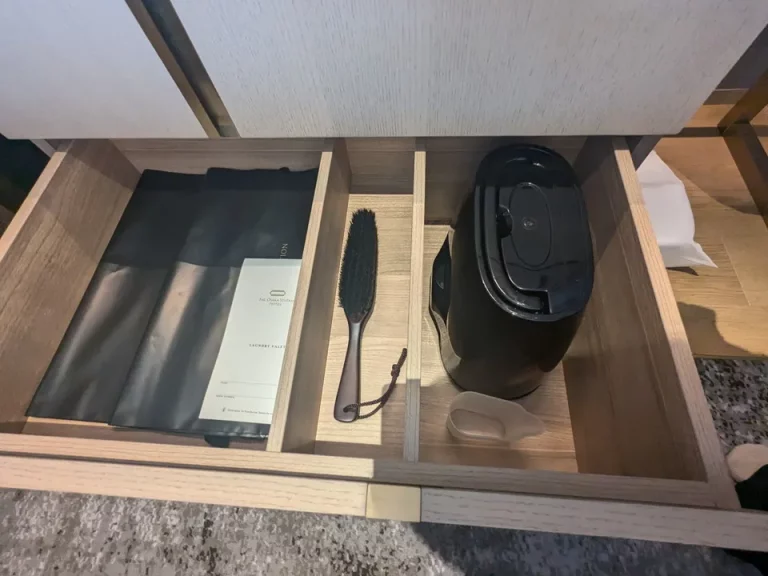 クローゼットの引き出しには、クリーニングバッグ、スチームアイロン、衣類ブラシ