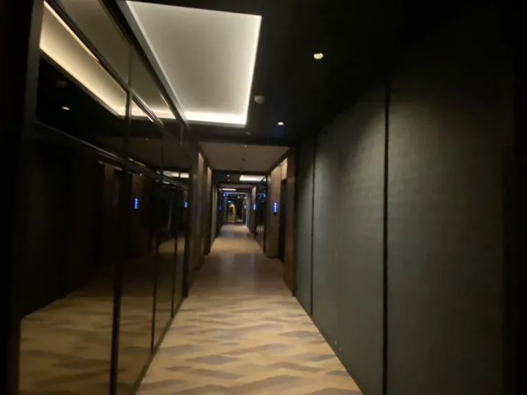 客室階廊下全体です。照明がダークです。