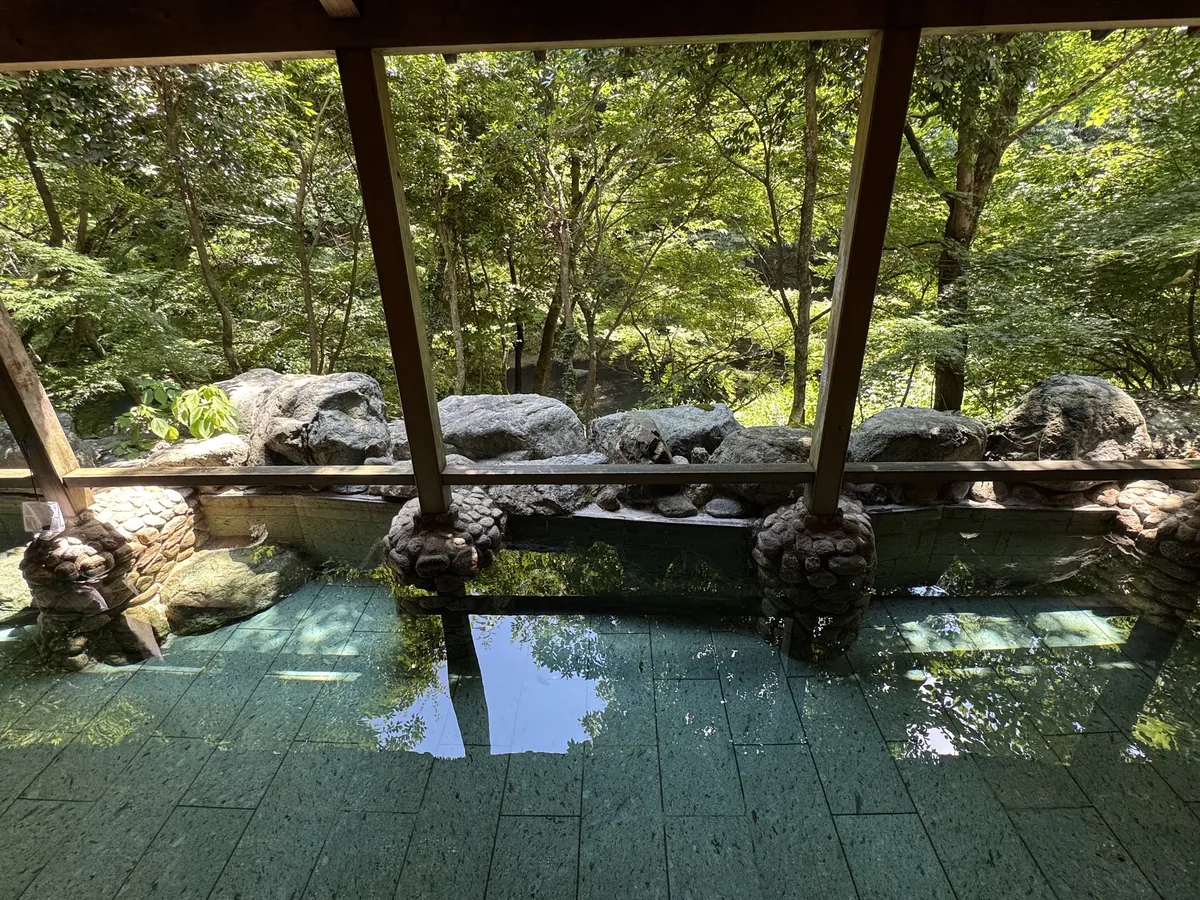 緑豊かな木々に面した屋根付きの岩造りの露天風呂と、緑色の石畳の床
