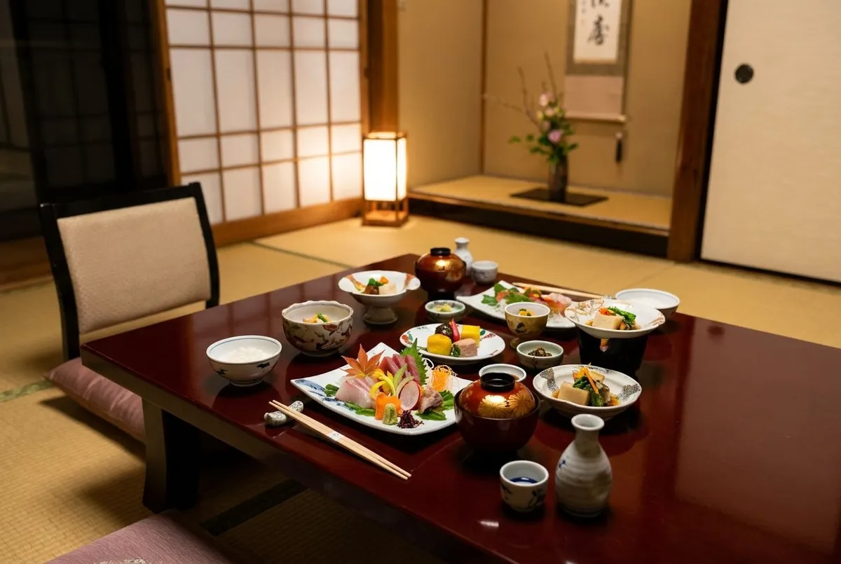 和室の座卓の上に刺身や小鉢、お椀、徳利などが並んだ和食の膳