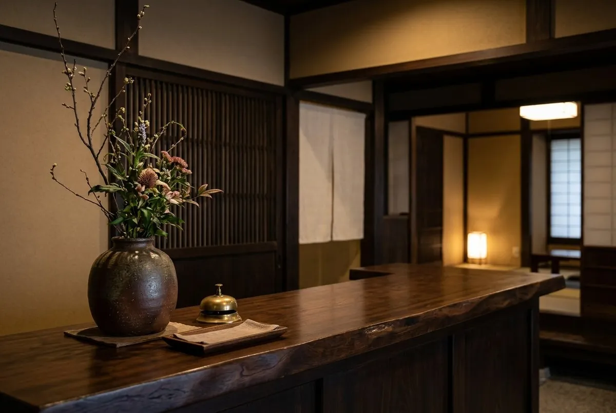 木製のカウンターの上に花が生けられた壺と卓上ベルが置かれた、和風旅館のフロント