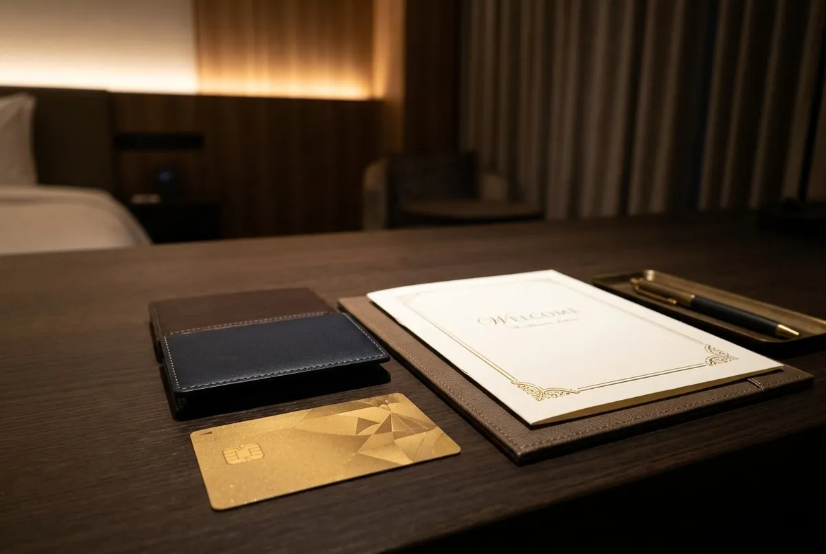 客室のデスクの上に置かれた金色のICカードと黒色のカードケース、ウェルカムカード
