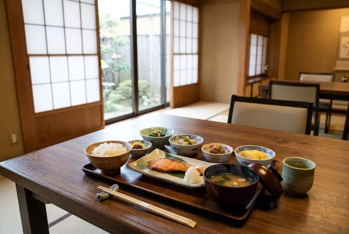 障子のある和室のテーブルに並べられた、焼き鮭やご飯、味噌汁、小鉢などの和朝食セット